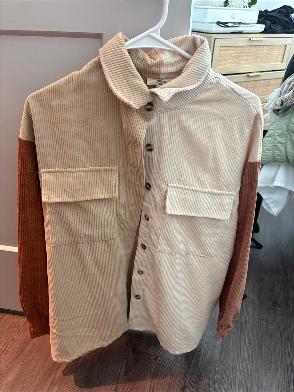 Women’s Corduroy Colorblock Shacket - Beige & Brown